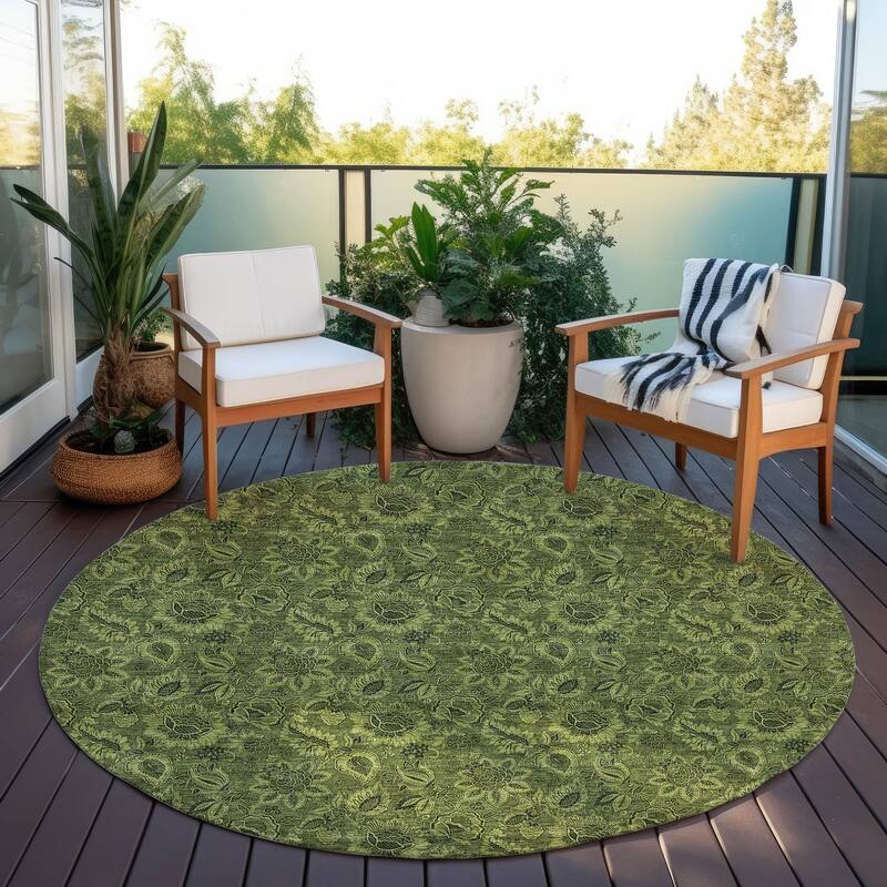 Machine Washable Indoor/ Outdoor Chantille Floral Rug - Olive - 8' x 8'