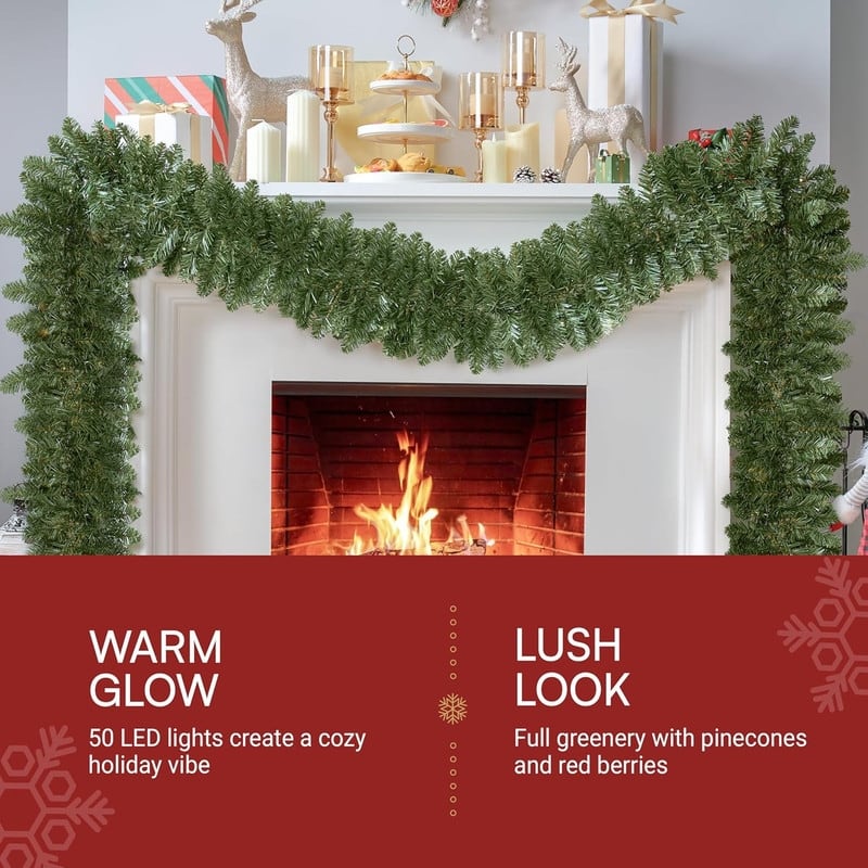 Joyfy 9ft Christmas Garland Prelit with 50 Count Light, Plug in Lighted