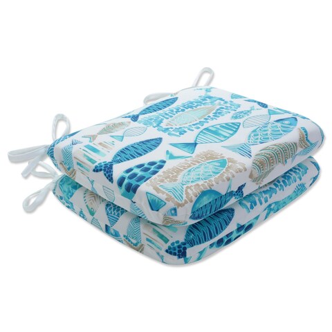 Pillow Perfect Outdoor Hooked Seaside Blue Rounded Corners Seat Cushion (Set of 2) - 15.5 X 18.5 X 3