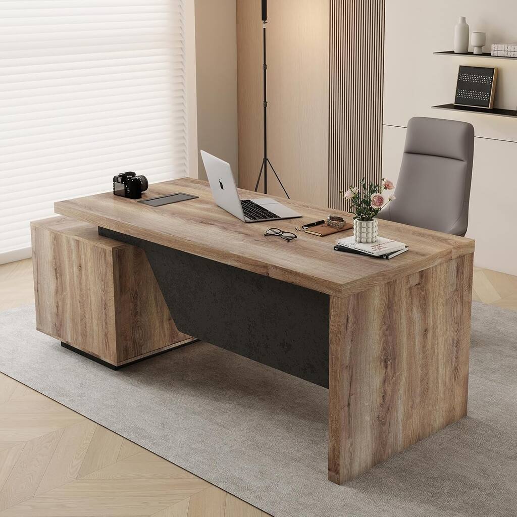 WESOME Modern Width Adjustable Executive Desk with Storage Cabinet