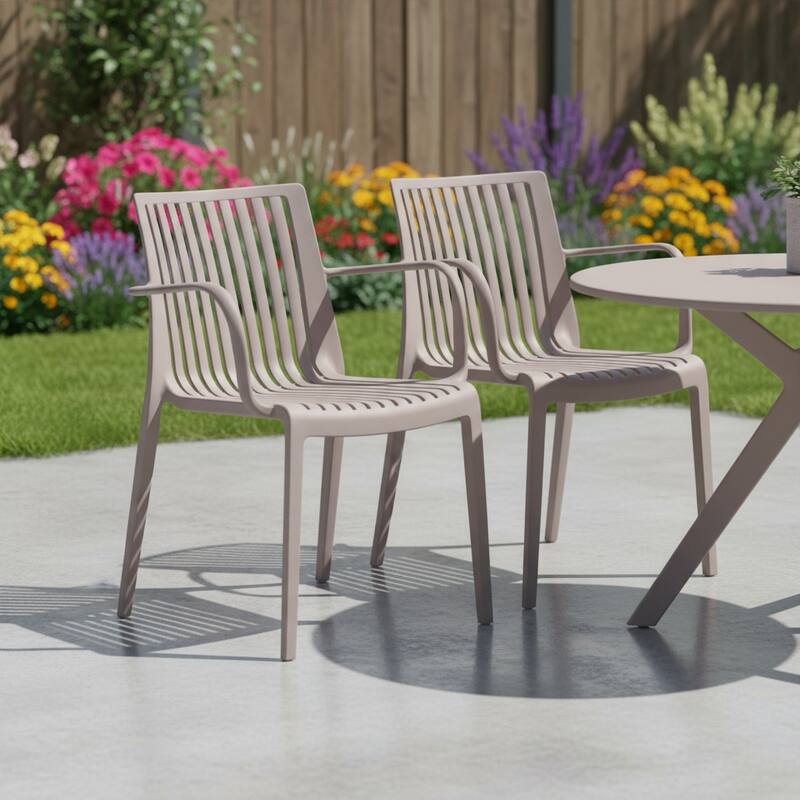 HomeRoots Set of Two Taupe Heavy Duty Plastic Outdoor Stacking Arm Chairs