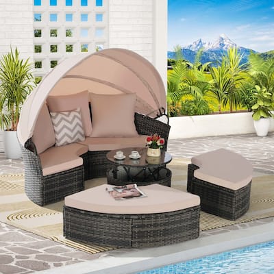 5-Piece Outdoor Patio Conversation Set Wicker Daybed Set with Canopy, Storable Table&Soft Cushions