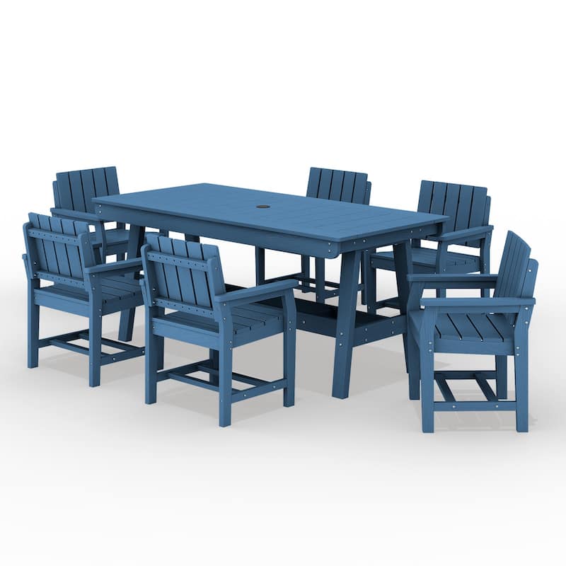 7-Piece HDPE Outdoor & Indoor Dining Set, Rectangular 67.91in L Table with Umbrella Hole and 6 Chairs Set of 7, Wood-Look Finish