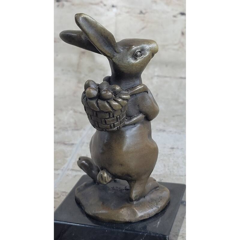 Signed Original Milo Bunny W. Basket Of Flower Bronze Art Decor Sculpture Figure