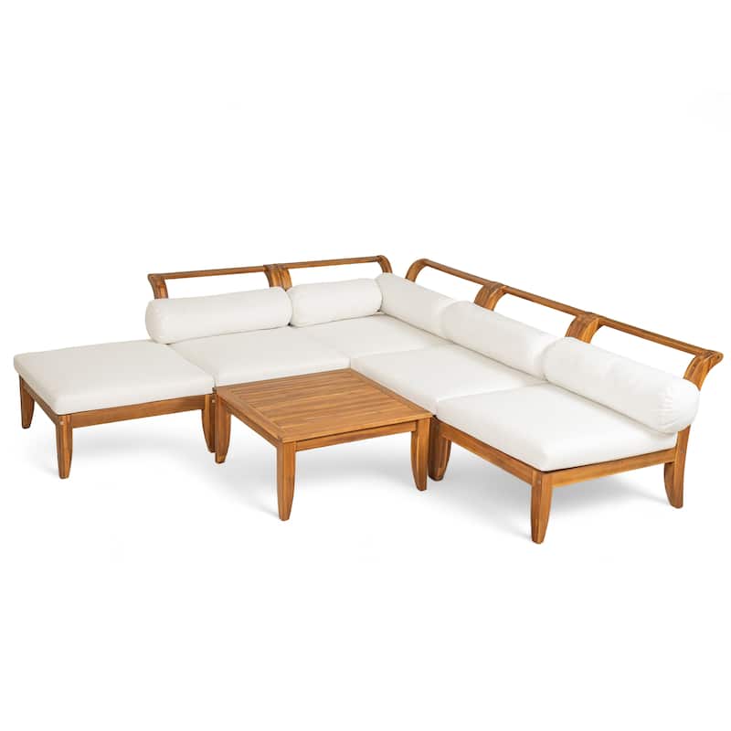Roomfitters 6-Piece Acacia Wood Outdoor Sofa Set, L-Shaped Sectional with Table, Ottoman, Cushions & Pillows, Teak+Beige