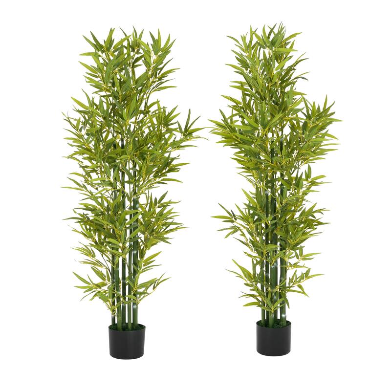 5' Artificial Bamboo with Black Plastic Pot, Set of 2 - Green