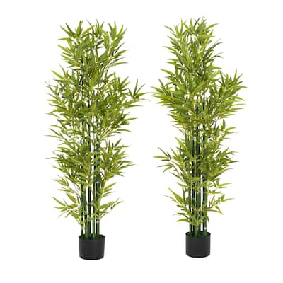 60 Inch Artificial Bamboo Plant Set of 2 in Pot Green Polyester Leaves No Assembly Required Indoor Decor