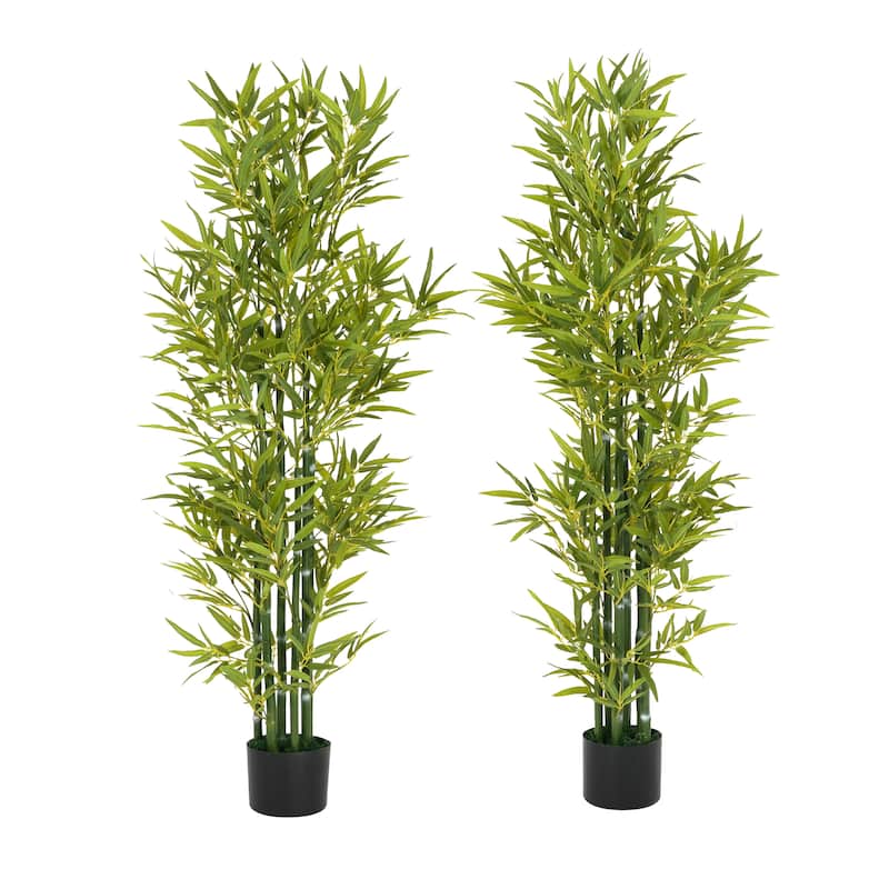 Roomfitters 5 Ft Artificial Bamboo Tree Set of 2, Tall Faux Indoor Plants with Black Plastic Pots for Home Decor, Green