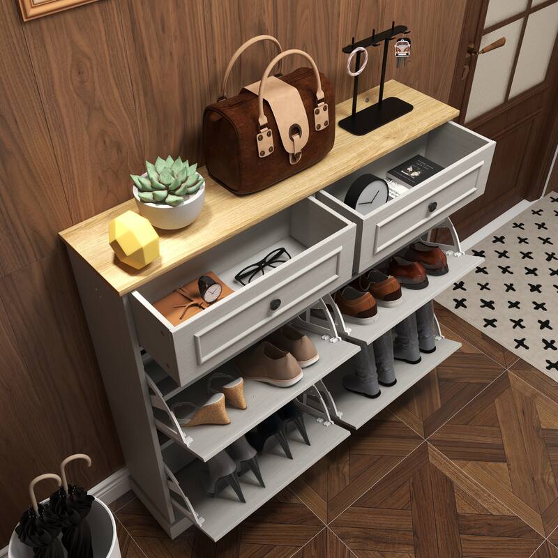 Slim Shoe Cabinet with 2 Drawers & 4 Flip Drawers, Shoe Rack with Adjustable Shelf, Freestanding Shoe Cabinet Organizer