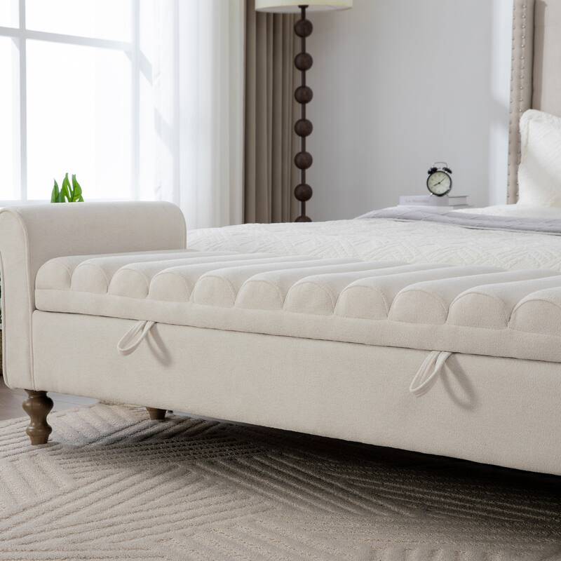 65.6"W Upholstered Storage Bench With Rolled Armrest, Rubberwood Legs