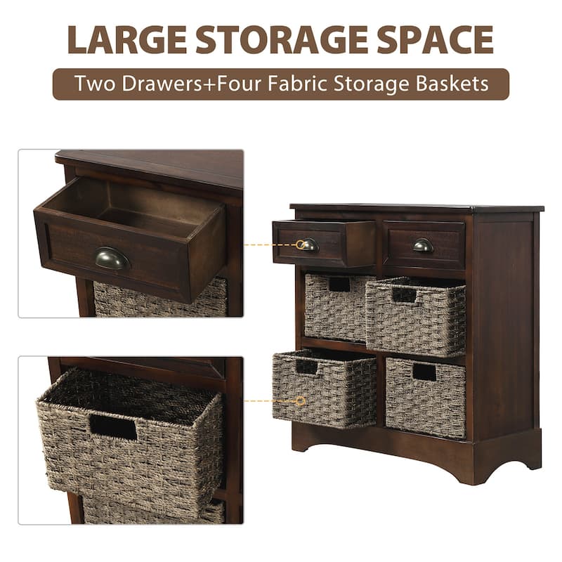 Rustic Storage Cabinet with 2 Drawers and 4 Classic Rattan Basket - 28"L×11.8"W×28"H