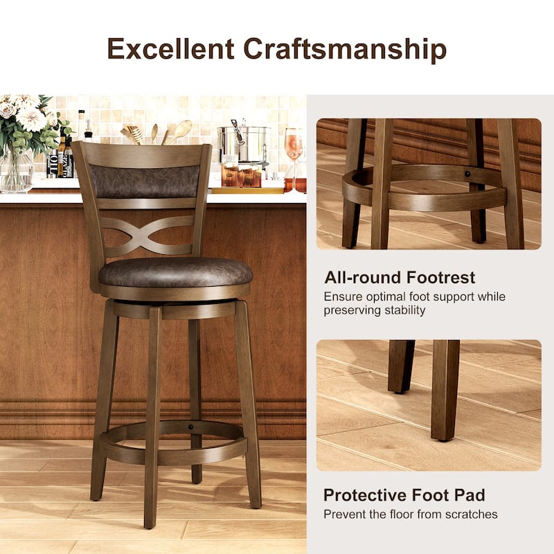 26"/30" Counter Height Bar Stools, Kitchen Wooden Swivel Bar Chairs with Back