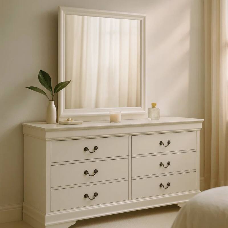 Nim Wide Dresser and Mirror with Molded Trim, 6 Drawers, White Wood