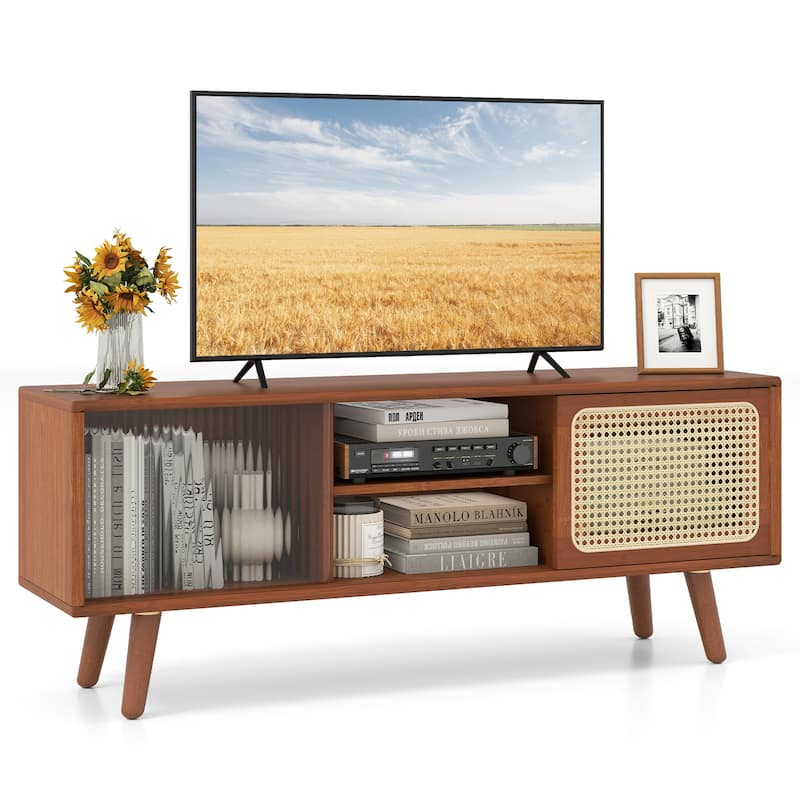 Modern TV Stand with Rattan and Glass Doors for Living Room Storage