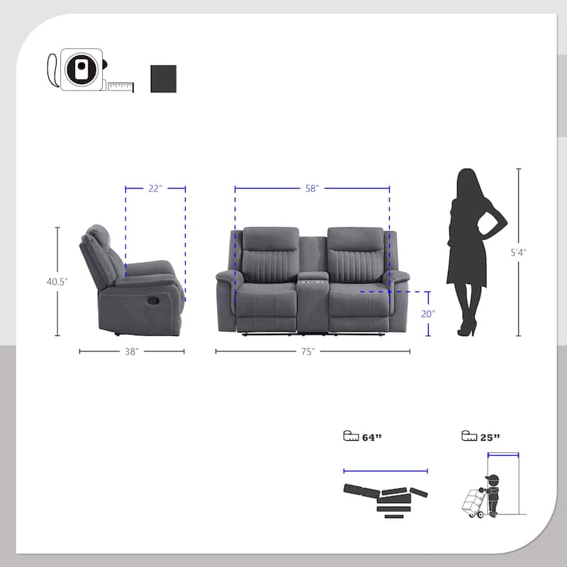 Lenore 3-Piece Microfiber Manual Reclining Sofa Set