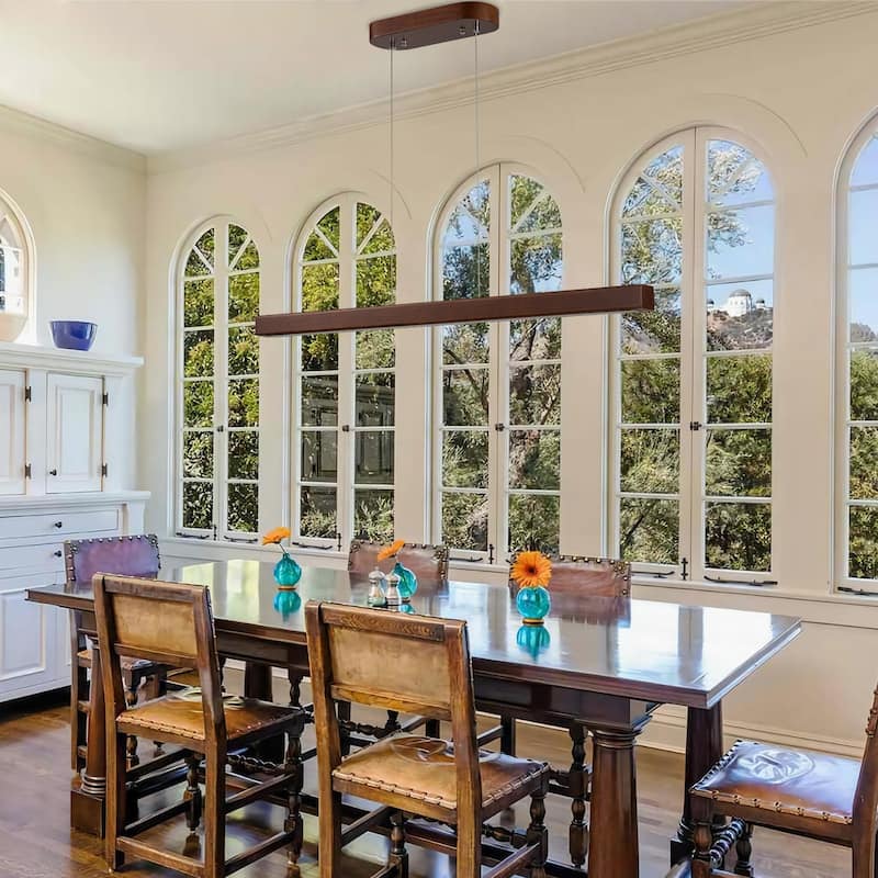 Starsky 1-Light Farmhouse Rustic Wooden Integrated LED Linear Kitchen Island Light 3000K Warm Light Chandelier