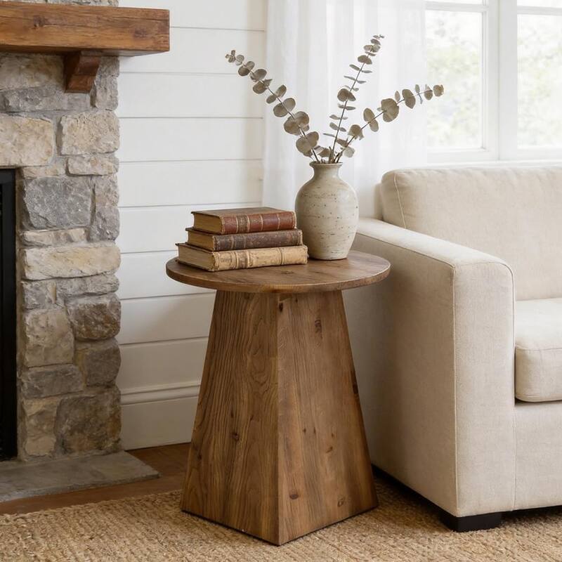 Solid Wood End Table for Living Room, 19" Round Side Table with Trapezoid Base - 18.8" D × 18.8" W × 23.22" H