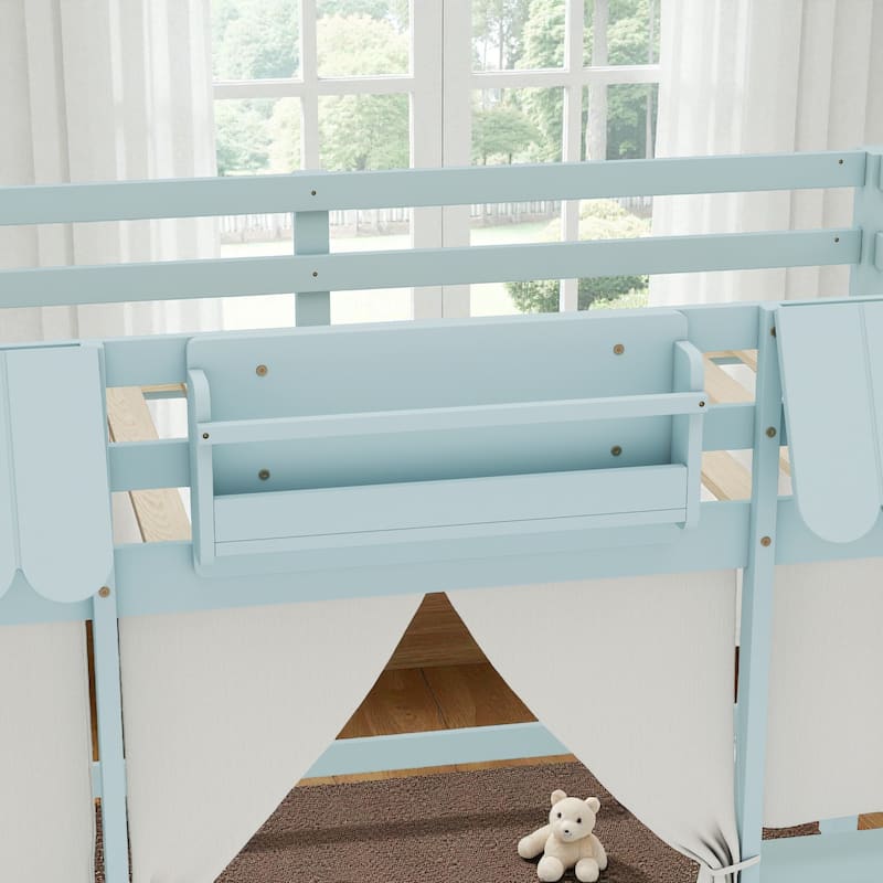 Twin/Full Loft Bed with Bookshelf, Curtain Playhouse, Storage Shelf, Cottage Roof Design and Safety Guardrails for Kids