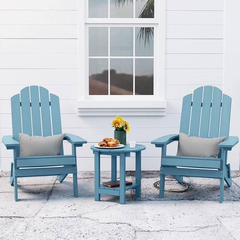WINSOON 3-Piece All Weather HIPS Outdoor Folding Adirondack Chairs and Table Set - Baby Blue
