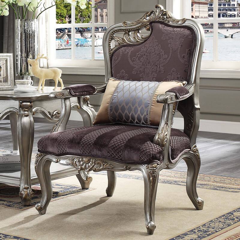 Velvet Upholstered Accent Chair with 1 Pillow in Antique Platinum