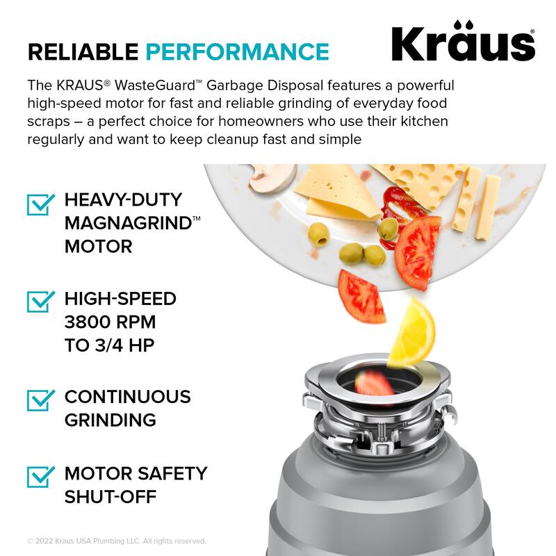 KRAUS WasteGuard Continuous Feed Garbage Disposal for Kitchen Sinks