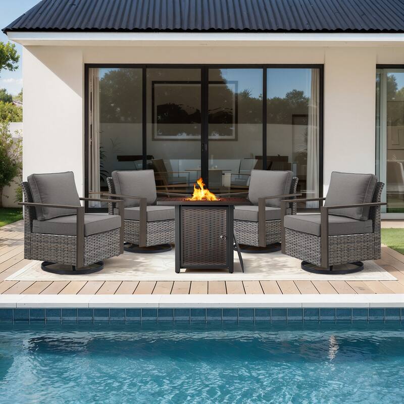 Meyreso 5-Piece Wicker Swivel Glider Metal Fire Pit Set with Plush 4.5" Olefin Cushions