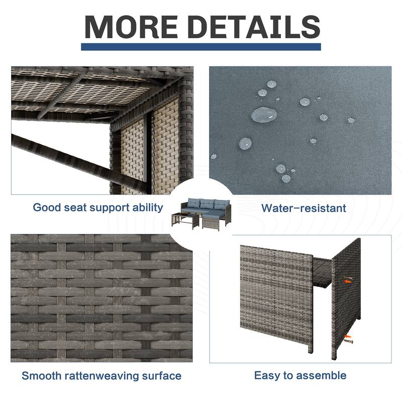 3-Piece Outdoor Wicker Sectional Sofa Set, Patio Furniture with Chaise Lounge & Coffee Table - N/A