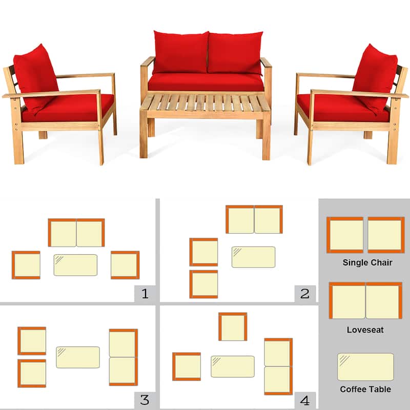 Costway 4PCS Patio Furniture Set Acacia Wood Thick Cushion Loveseat - See details