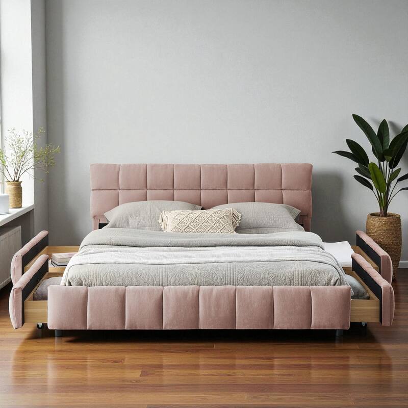 Queen Upholstered Platform Bed with Chenille Fabric, Soft Headboard & Underbed Storage Drawer, Solid Bed Frame