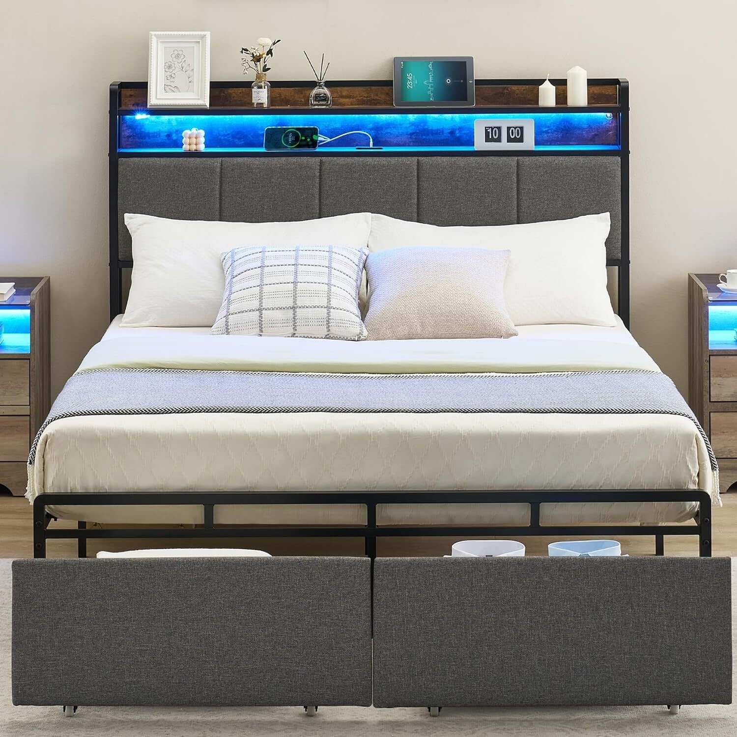 Bed Frame with Headboard and Storage Drawers