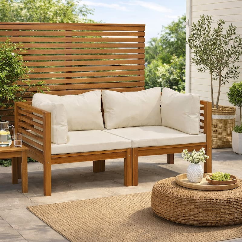 Luna 2pc Modular Outdoor Sofa, Cream 27 Inch Slatted Solid Acacia Wood