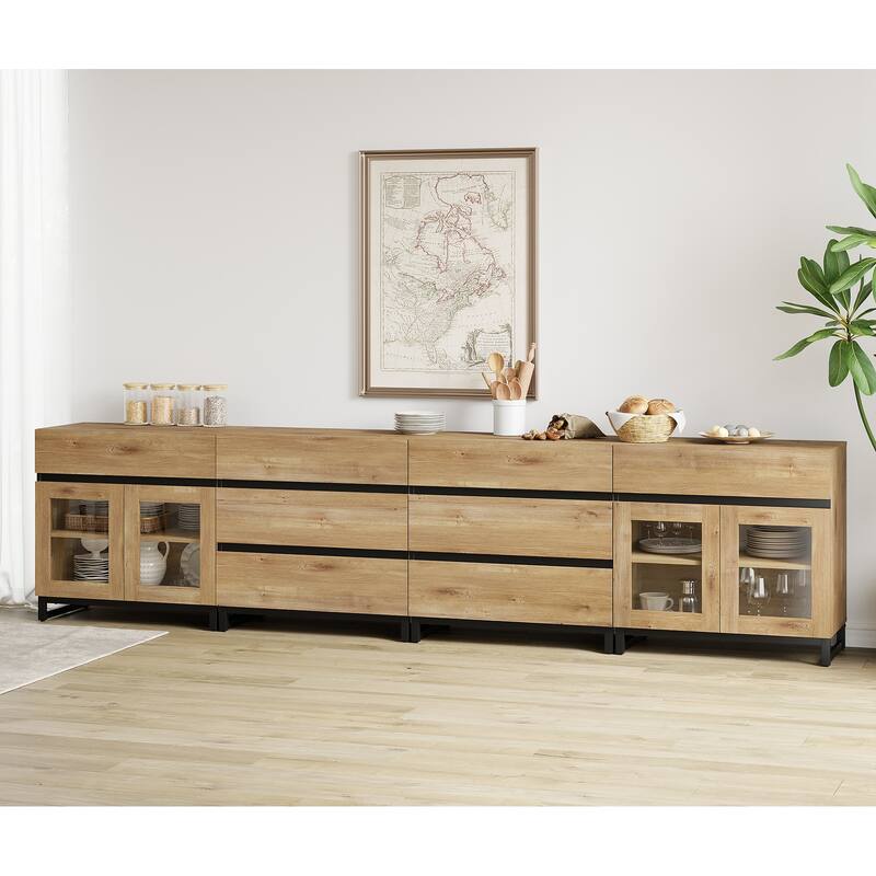 4 in 1 Modern Sideboard with Adjustable Shelves and 8 Drawers, Coffee Bar Cabinet for Living Room, Kitchen - 126 inches - Oak
