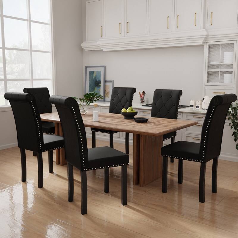 High-Back Tufted Nailhead Upholstered Dining Chairs (Set of 6) - Black Linen