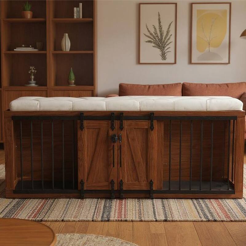 56"L, Furniture Style 2 in 1 Dog Crate with Padded Seat, Sliding Barn Door, Luxury Wooden Dog Kennel