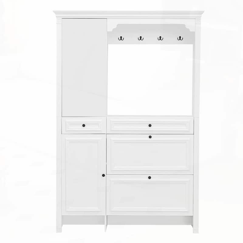 Hall Tree with Integrated Shoe Cabinet and Mirrored Cabinet Door