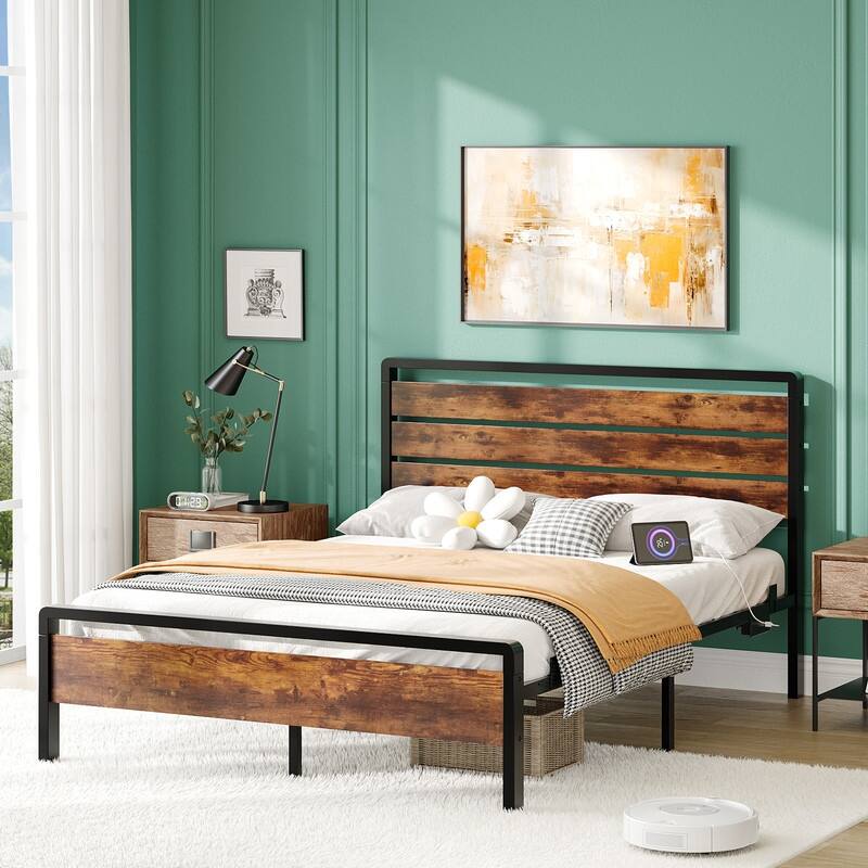 Bed Frame with LED Light and Charging Station, Metal Platform Bed with Wood Headboard - Brown - King