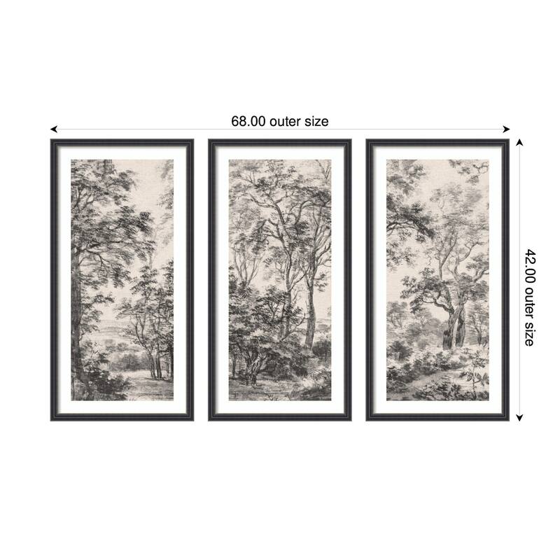 Kate and Laurel Wooded Landscape after 1648 Antonie Waterloo Linen Panel 3 Piece Framed Wall Art Print Set by Nostalgia Prints
