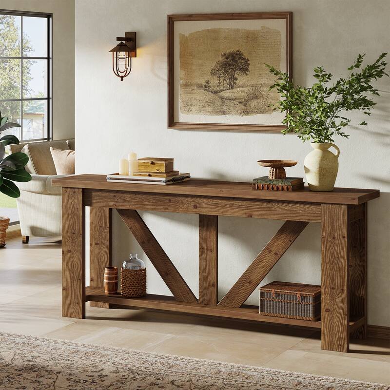 71'' Extra Long Solid Wood 2-Tier Console Sofa Table for Entryway