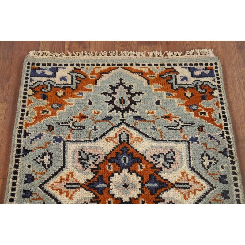 Geometric Kazak Indian Accent Rug Handmade Green Oriental Wool Carpet - 2'0" x 3'0"