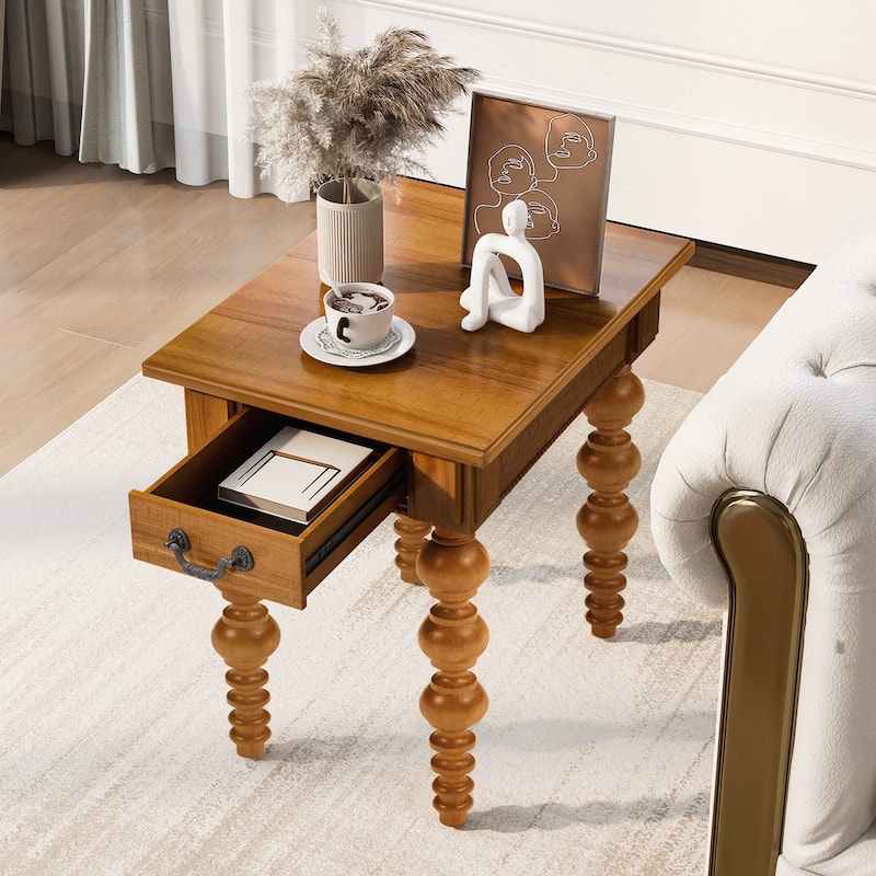Solid Wood End Table with Drawer, Easy Assembly Vintage Narrow Sofa Side Table for Living Room - Natural