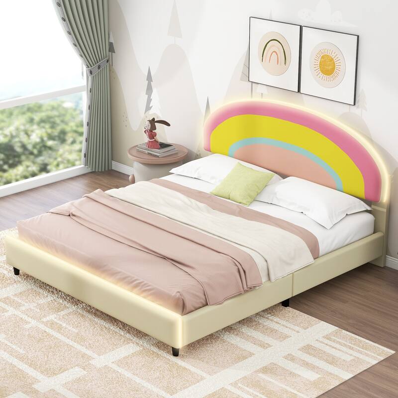 Low Profile Upholstered Bed Rainbow Pattern Headboard HeightAdjustable