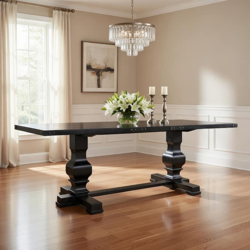 Wooden Rectangular Dining Table With Double Pedestal And Trestle Base, Vintage Black