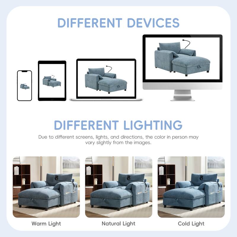 38" Chenille Storage Sofa with Ottoman - Features USB Charger, Phone Holder & Side Pockets for Living Room