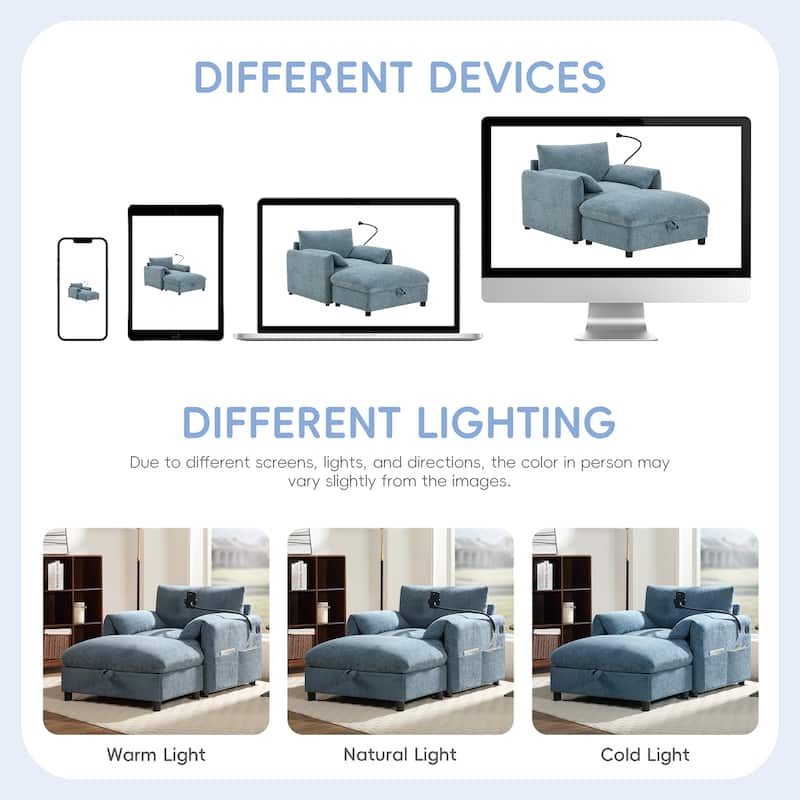 Single Sofa Chair and Storage Ottoman Sets, Chenille Accent Chair Wide Seat Chaise Lounge Couch with Phone Holder & USB Chargers
