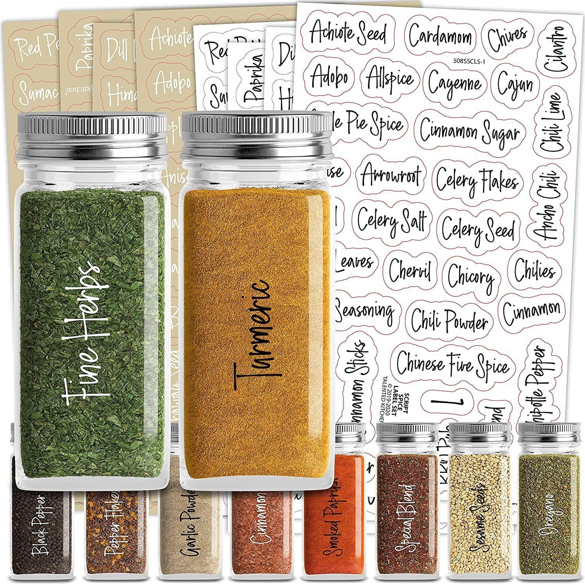 Talented Kitchen 14 Pcs Large Glass Spice Jars with Labels Seasoning Kit