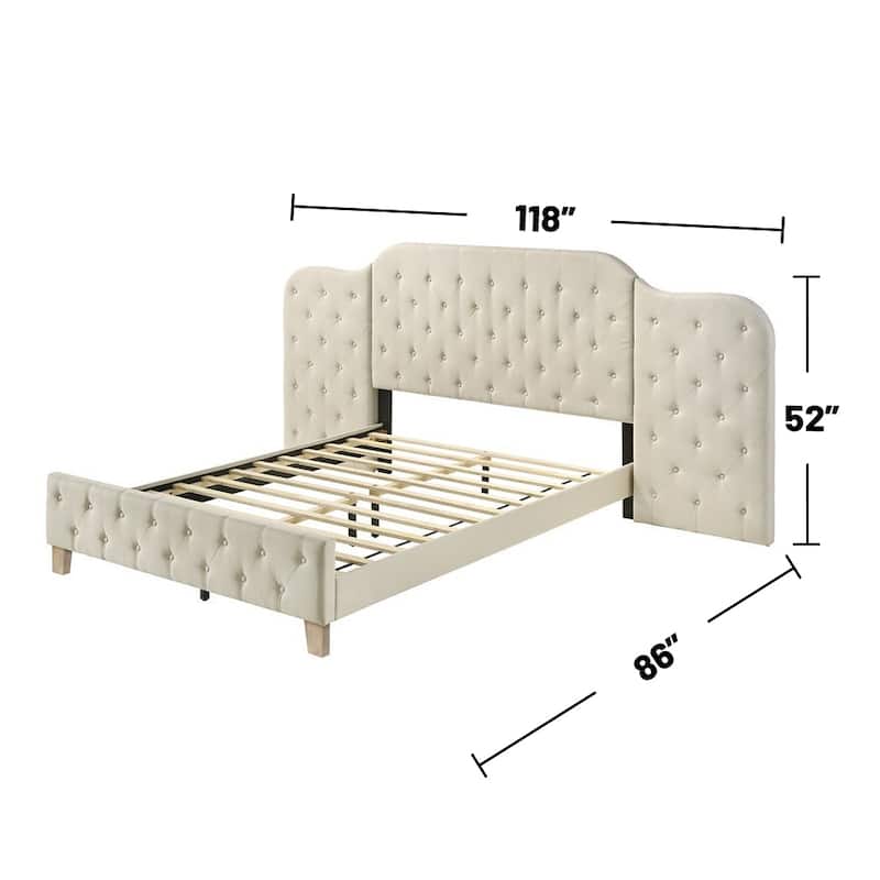 Linen Upholstered Bed with Button Tufted Headboard in Beige