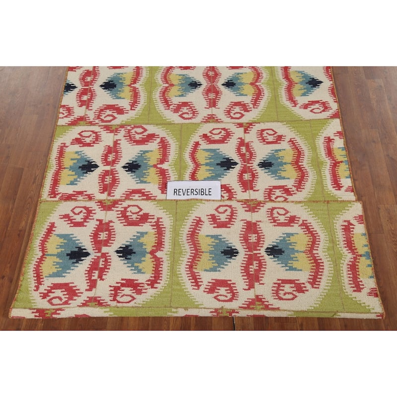 Hand-Woven Green Kilim Oriental Area Rug Handmade Wool Carpet - 4'10"x 7'11"