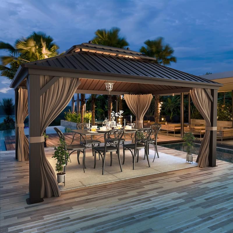 Outdoor Pro Series Galvanized Steel Hardtop Patio Gazebo Pergola w/Aluminum Frame, Prime Curtains and nettings include
