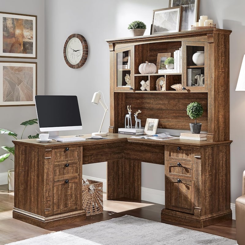 Farmhouse Computer Desk with Hutch, Wood Home Office Desk