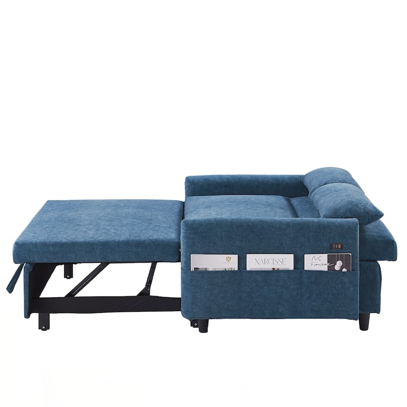 55.1" Pull Out Sleep Sofa Bed Loveseats Sofa Couch with Adjsutable Backrest, Storage Pockets, 2 Soft Pillows, USB Ports